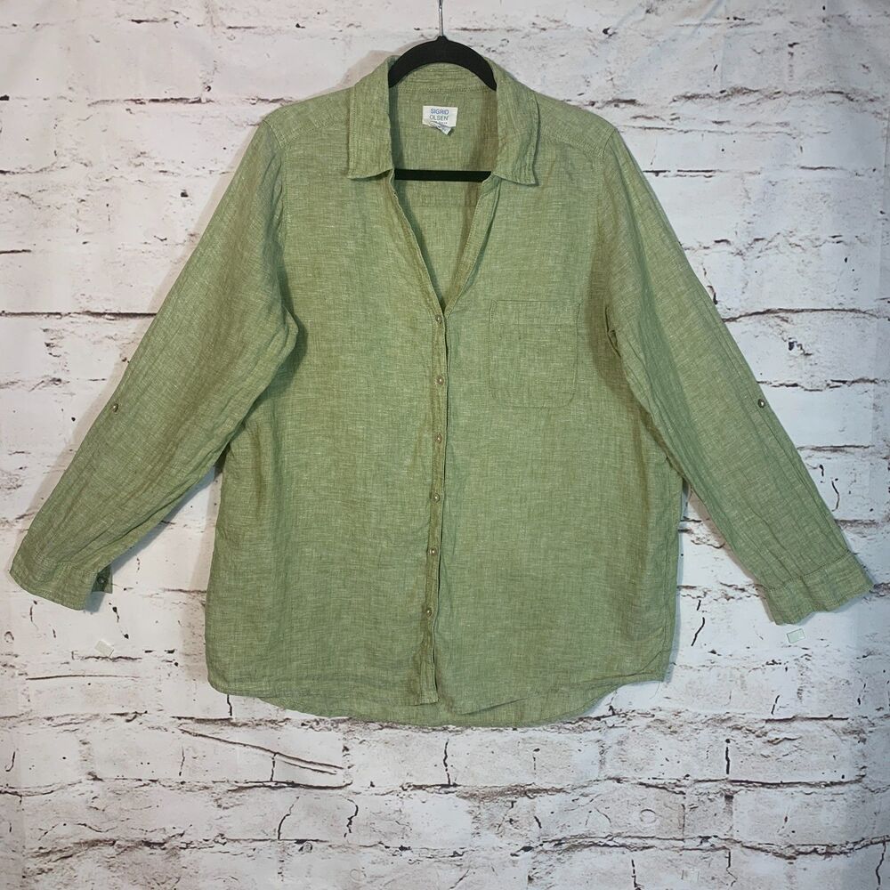 Sigrid Olsen Green 100% Linen Button Up Shirt Large Coastal Beach Summer Classic